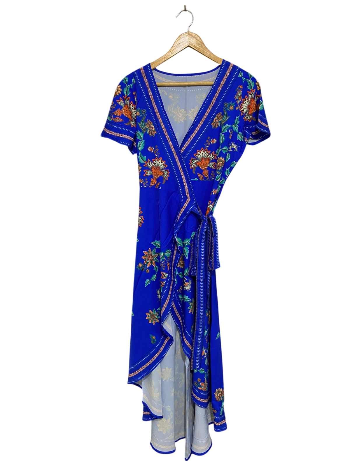 |S| BUST 17| A33| ROYAL BLUE ORANGE & GREEN FLORAL BORDER-PRINT WRAP MIDI DRESS