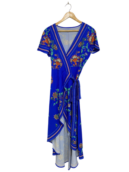 |S| BUST 17| A33| ROYAL BLUE ORANGE & GREEN FLORAL BORDER-PRINT WRAP MIDI DRESS