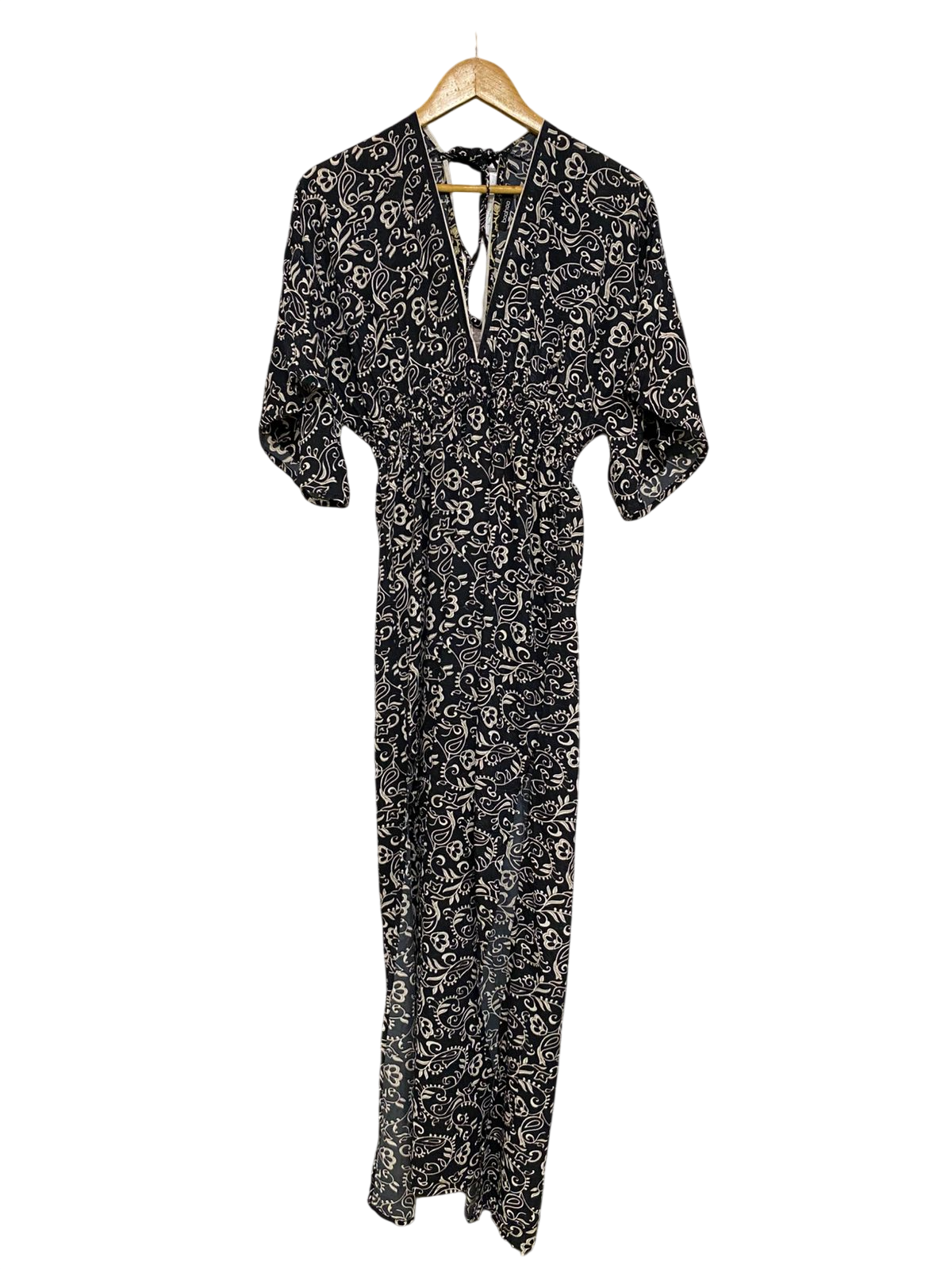 BOOHOO |M| BUST FREE| A33| BLACK & CREAM PAISLEY PRINT V-NECK TIE-BACK MIDI DRESS