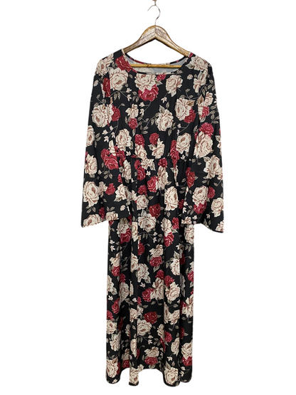 SHEIN |XL| BUST 19| A33| BLACK & BURGUNDY FLORAL CREW-NECK LONG-SLEEVE MIDI DRESS