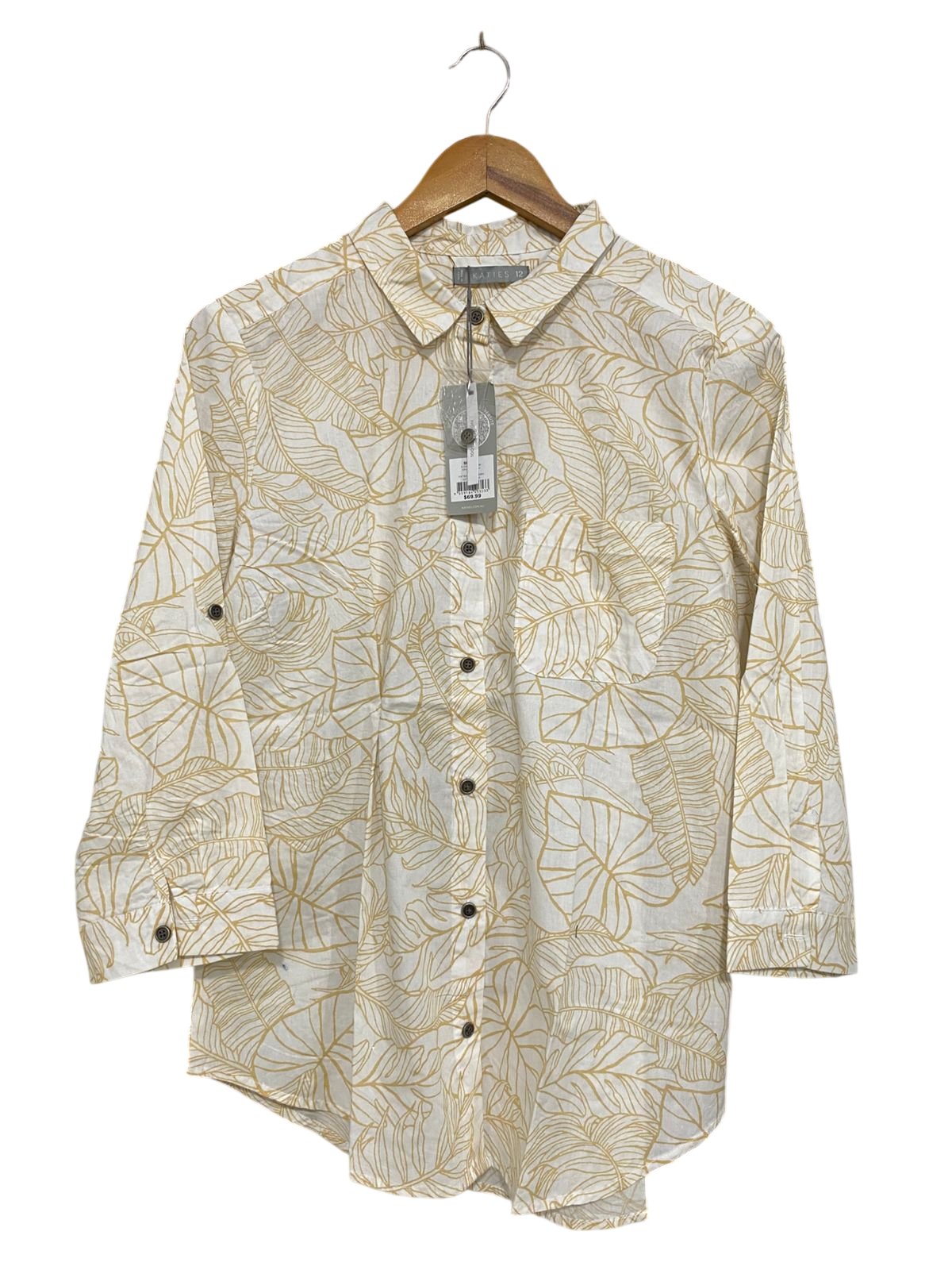 KATIES |L| BUST 20| A33| WHITE & MUSTARD YELLOW TROPICAL LEAF PRINT BUTTON-UP SHIRT