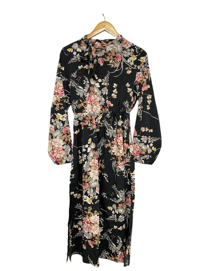 |S| BUST 16| A33| BLACK & PINK FLORAL HIGH-NECK TIE-NECK LONG-SLEEVE MIDI DRESS