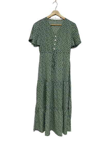 SHEIN |XS| BUST 16| A33| GREEN & WHITE FLORAL V-NECK SHORT-SLEEVE TIERED MIDI DRESS