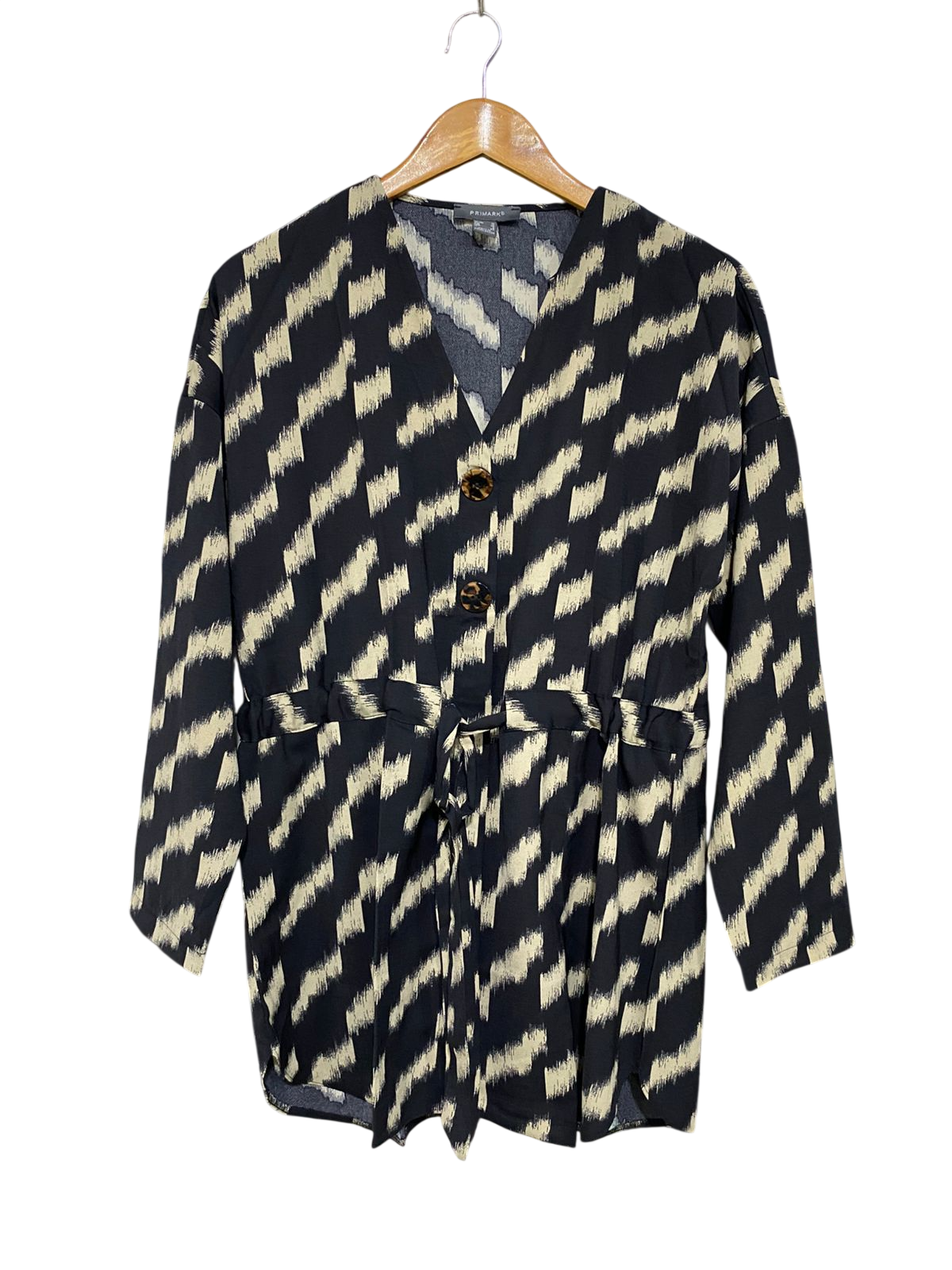 PRIMARK |M| BUST 20| A33| BLACK & CREAM ABSTRACT PRINT TIE-WAIST BUTTON-FRONT TUNIC