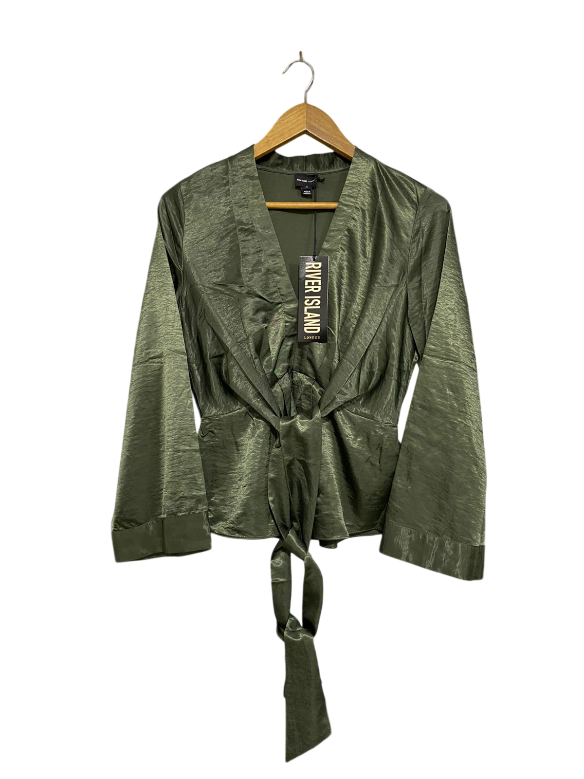 RIVER ISLAND |M| BUST 18| A33| OLIVE GREEN SATIN TIE-FRONT LONG-SLEEVE BLOUSE