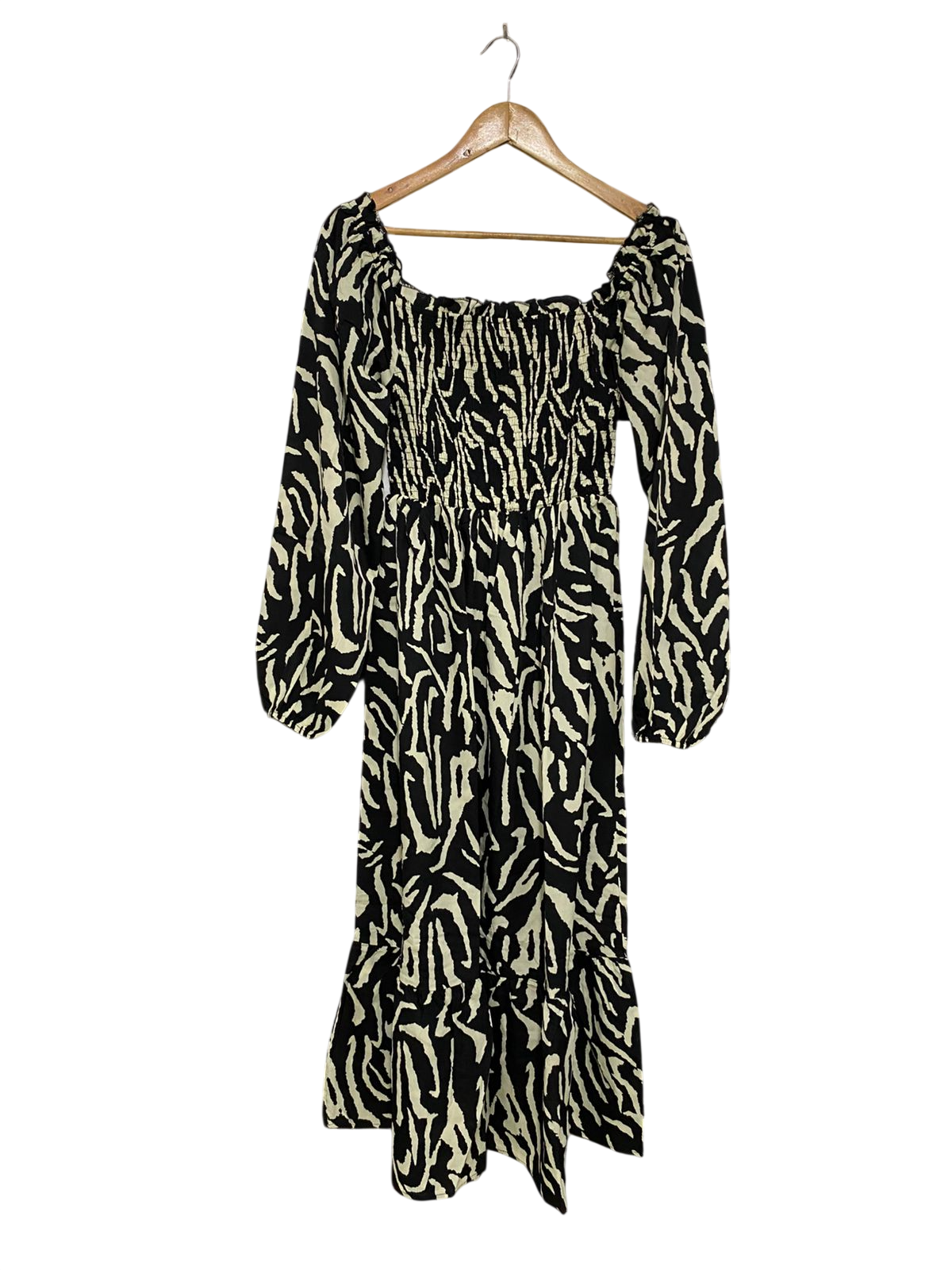 BRAVE SOUL |M| BUST 12| A33| BLACK & CREAM ANIMAL PRINT SMOCKED LONG-SLEEVE MIDI DRESS