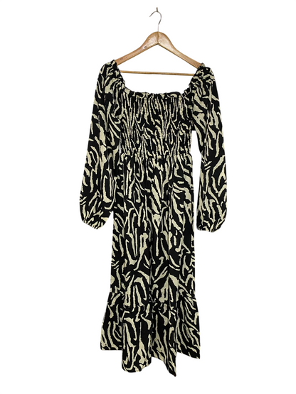 BRAVE SOUL |M| BUST 12| A33| BLACK & CREAM ANIMAL PRINT SMOCKED LONG-SLEEVE MIDI DRESS