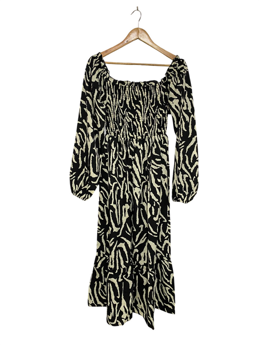 BRAVE SOUL |M| BUST 12| A33| BLACK & CREAM ANIMAL PRINT SMOCKED LONG-SLEEVE MIDI DRESS