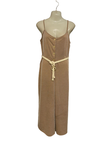 PRIMARK |M| BUST 16| A33| BROWN & WHITE STRIPED BUTTON-FRONT ROPE-BELTED WIDE-LEG JUMPSUIT