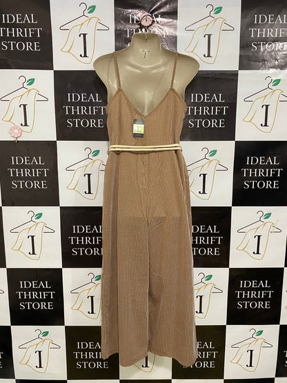 PRIMARK |M| BUST 16| A33| BROWN & WHITE STRIPED BUTTON-FRONT ROPE-BELTED WIDE-LEG JUMPSUIT