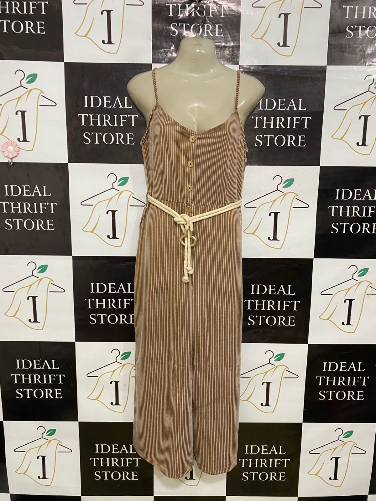 PRIMARK |M| BUST 16| A33| BROWN & WHITE STRIPED BUTTON-FRONT ROPE-BELTED WIDE-LEG JUMPSUIT