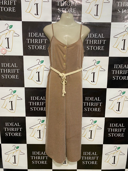PRIMARK |M| BUST 16| A33| BROWN & WHITE STRIPED BUTTON-FRONT ROPE-BELTED WIDE-LEG JUMPSUIT