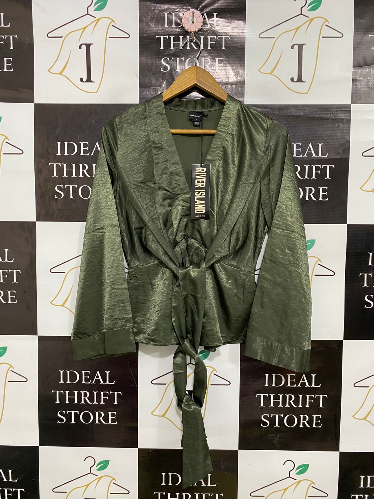 RIVER ISLAND |M| BUST 18| A33| OLIVE GREEN SATIN TIE-FRONT LONG-SLEEVE BLOUSE