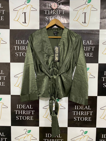 RIVER ISLAND |M| BUST 18| A33| OLIVE GREEN SATIN TIE-FRONT LONG-SLEEVE BLOUSE