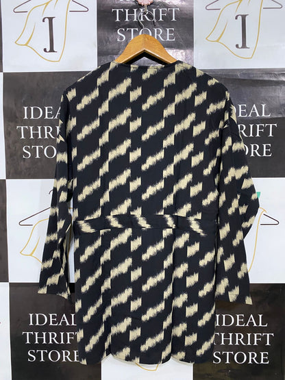 PRIMARK |M| BUST 20| A33| BLACK & CREAM ABSTRACT PRINT TIE-WAIST BUTTON-FRONT TUNIC