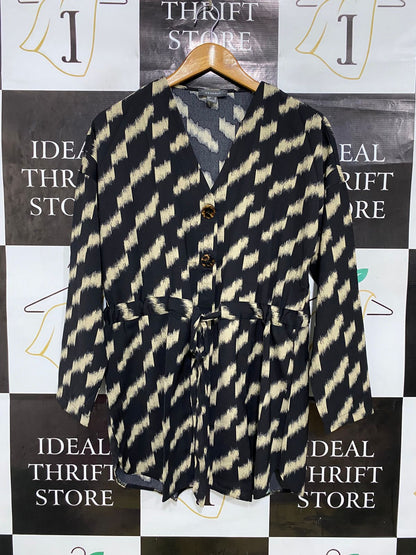 PRIMARK |M| BUST 20| A33| BLACK & CREAM ABSTRACT PRINT TIE-WAIST BUTTON-FRONT TUNIC