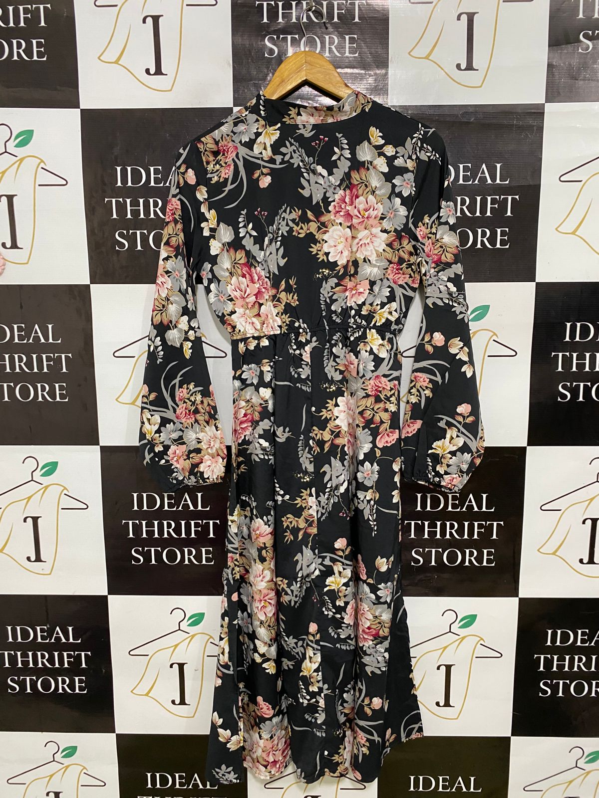 |S| BUST 16| A33| BLACK & PINK FLORAL HIGH-NECK TIE-NECK LONG-SLEEVE MIDI DRESS