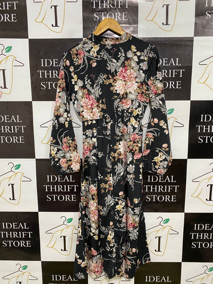 |S| BUST 16| A33| BLACK & PINK FLORAL HIGH-NECK TIE-NECK LONG-SLEEVE MIDI DRESS