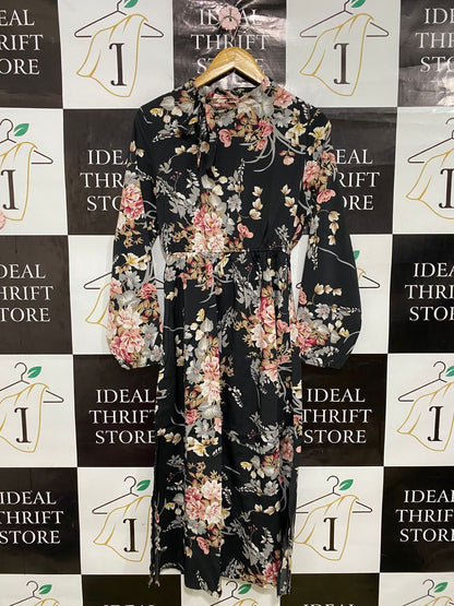 |S| BUST 16| A33| BLACK & PINK FLORAL HIGH-NECK TIE-NECK LONG-SLEEVE MIDI DRESS