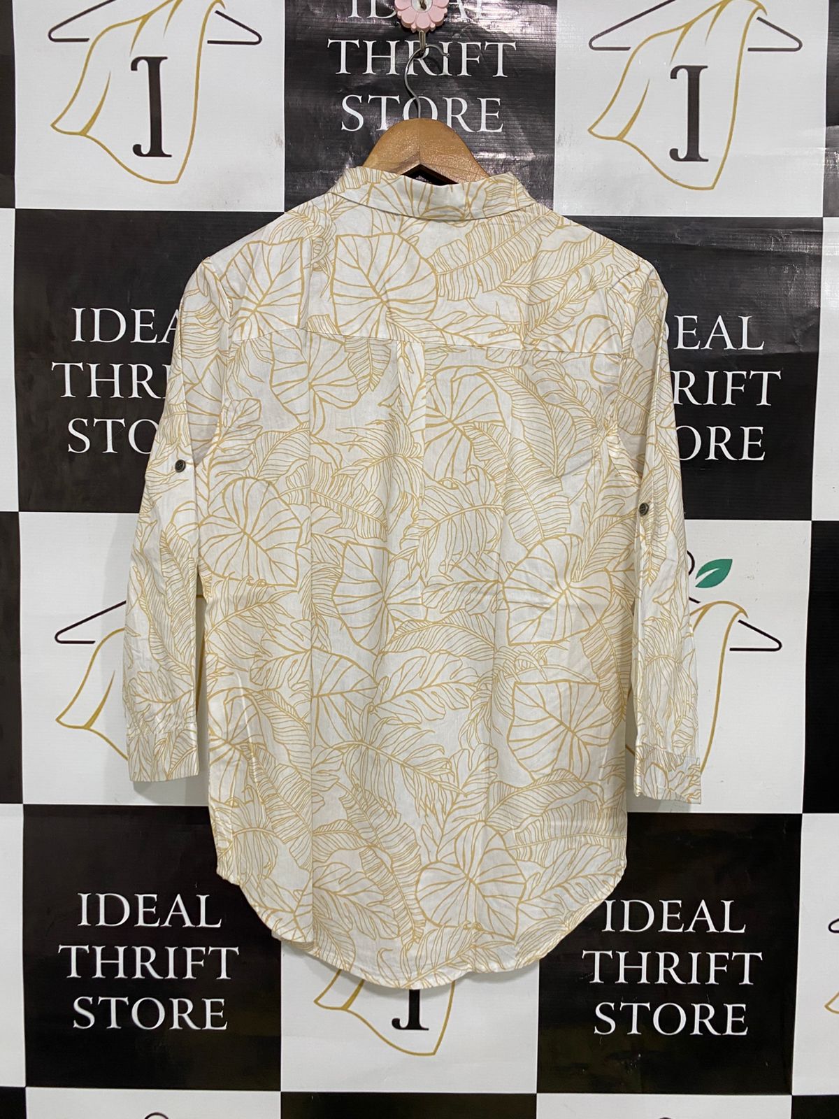 KATIES |L| BUST 20| A33| WHITE & MUSTARD YELLOW TROPICAL LEAF PRINT BUTTON-UP SHIRT