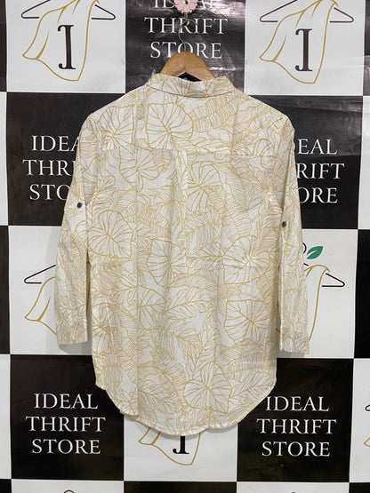 KATIES |L| BUST 20| A33| WHITE & MUSTARD YELLOW TROPICAL LEAF PRINT BUTTON-UP SHIRT