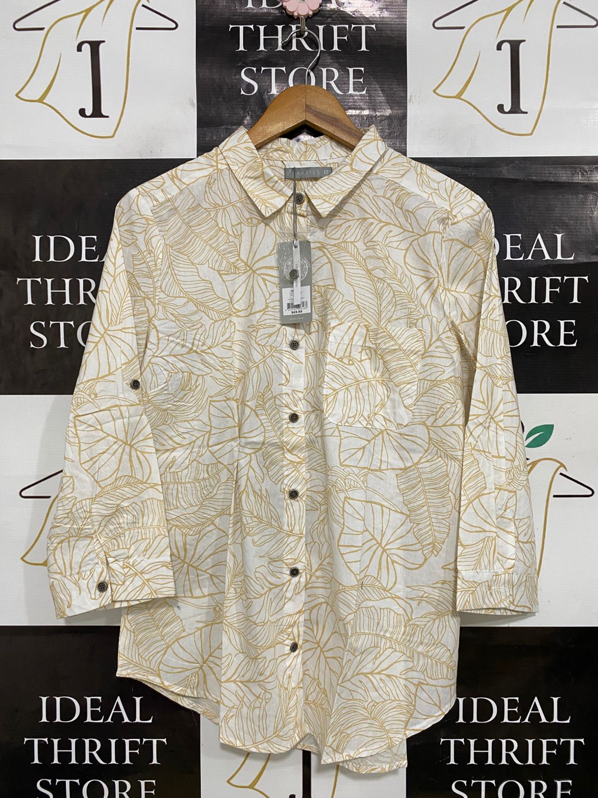 KATIES |L| BUST 20| A33| WHITE & MUSTARD YELLOW TROPICAL LEAF PRINT BUTTON-UP SHIRT