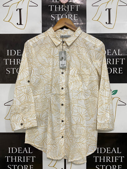 KATIES |L| BUST 20| A33| WHITE & MUSTARD YELLOW TROPICAL LEAF PRINT BUTTON-UP SHIRT