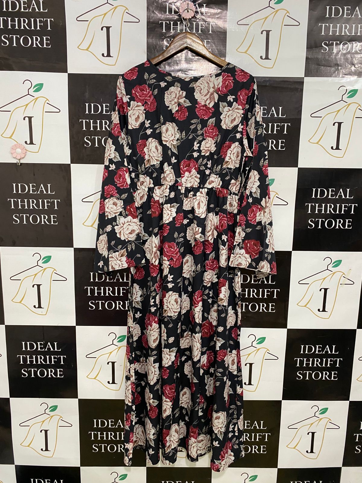 SHEIN |XL| BUST 19| A33| BLACK & BURGUNDY FLORAL CREW-NECK LONG-SLEEVE MIDI DRESS