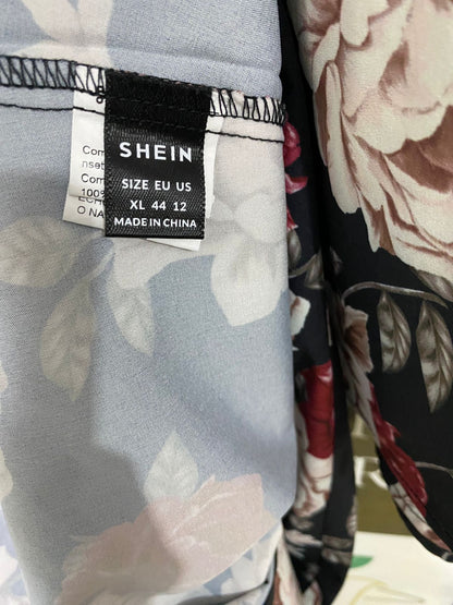 SHEIN |XL| BUST 19| A33| BLACK & BURGUNDY FLORAL CREW-NECK LONG-SLEEVE MIDI DRESS
