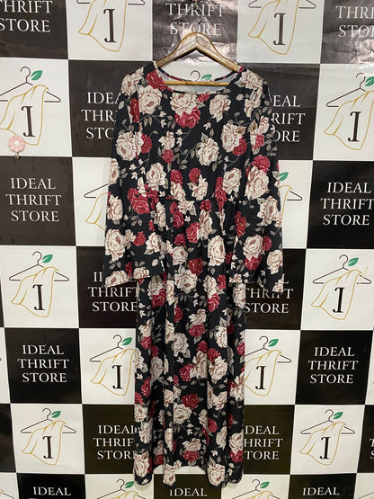 SHEIN |XL| BUST 19| A33| BLACK & BURGUNDY FLORAL CREW-NECK LONG-SLEEVE MIDI DRESS