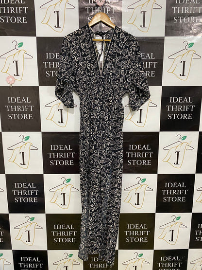 BOOHOO |M| BUST FREE| A33| BLACK & CREAM PAISLEY PRINT V-NECK TIE-BACK MIDI DRESS