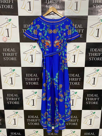 |S| BUST 17| A33| ROYAL BLUE ORANGE & GREEN FLORAL BORDER-PRINT WRAP MIDI DRESS