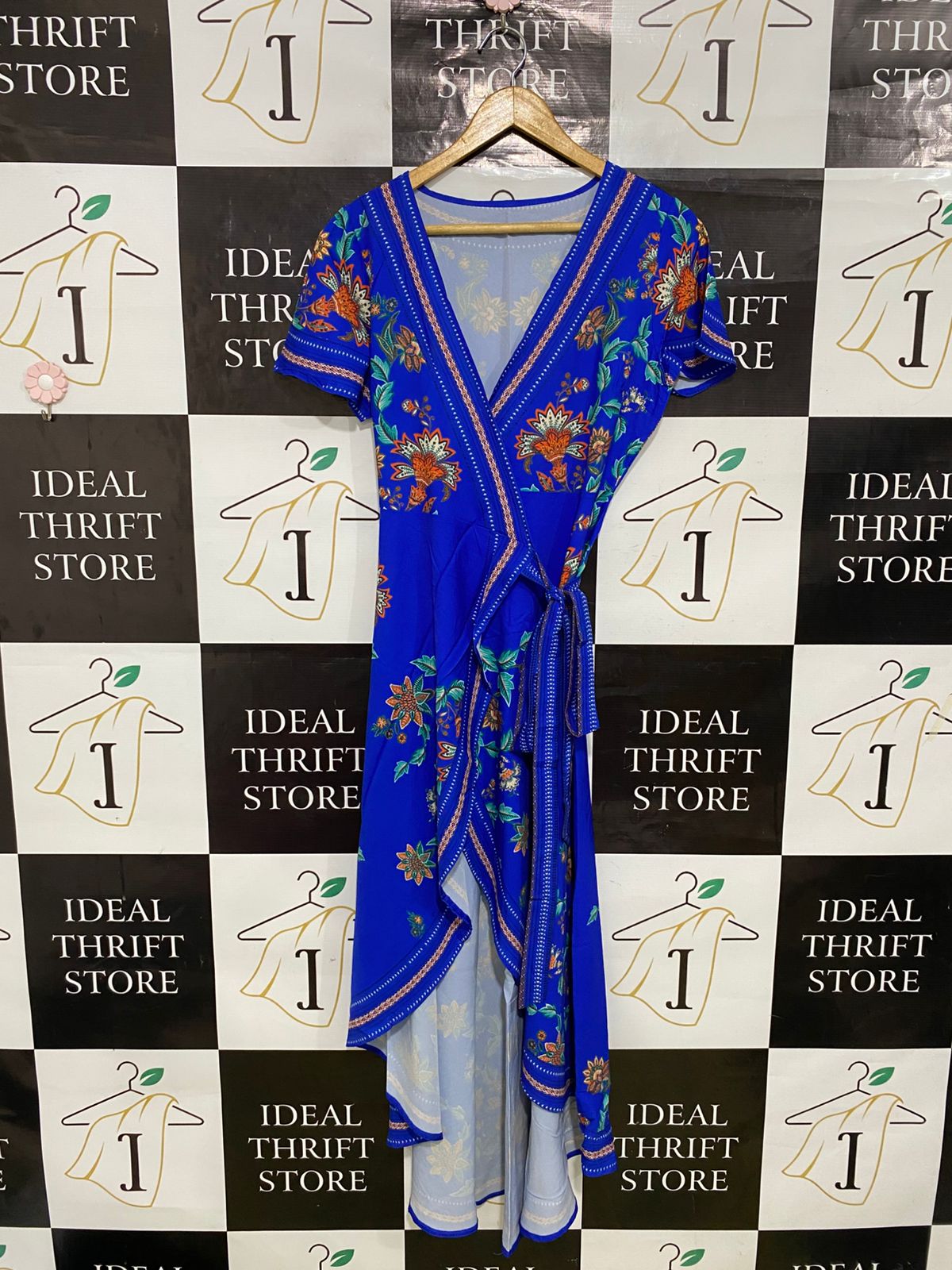 |S| BUST 17| A33| ROYAL BLUE ORANGE & GREEN FLORAL BORDER-PRINT WRAP MIDI DRESS