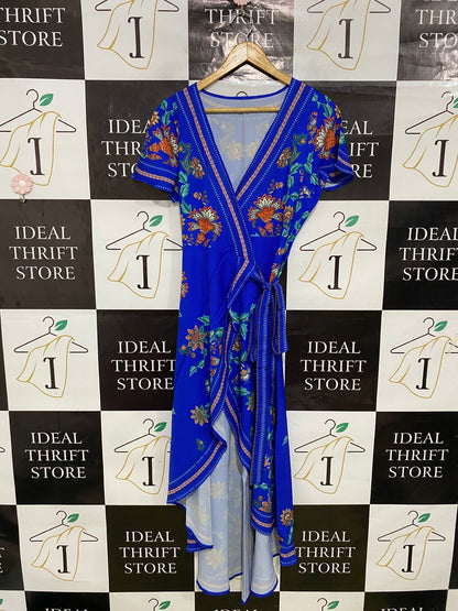 |S| BUST 17| A33| ROYAL BLUE ORANGE & GREEN FLORAL BORDER-PRINT WRAP MIDI DRESS