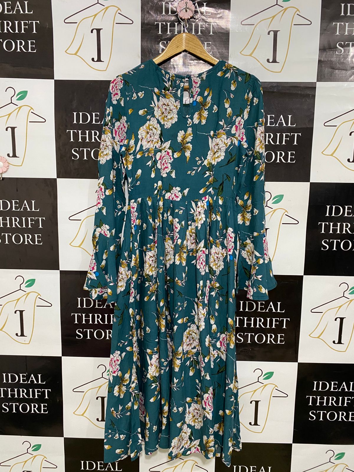 SHEIN |S| BUST 16| A33| TEAL & MULTICOLOR FLORAL CREW-NECK LONG-SLEEVE MIDI DRESS