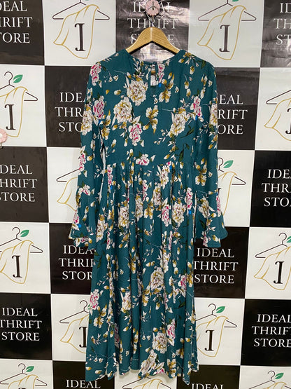 SHEIN |S| BUST 16| A33| TEAL & MULTICOLOR FLORAL CREW-NECK LONG-SLEEVE MIDI DRESS