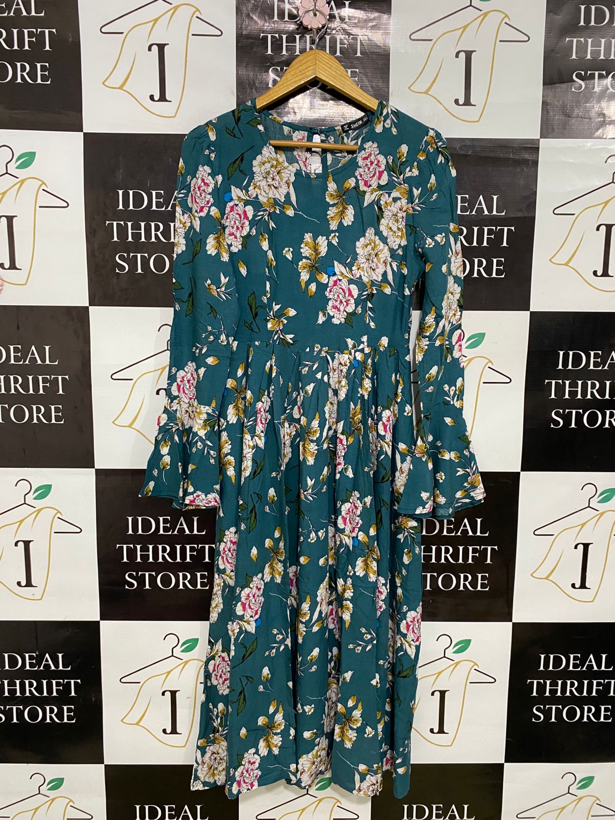 SHEIN |S| BUST 16| A33| TEAL & MULTICOLOR FLORAL CREW-NECK LONG-SLEEVE MIDI DRESS