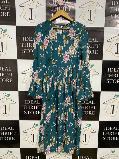 SHEIN |S| BUST 16| A33| TEAL & MULTICOLOR FLORAL CREW-NECK LONG-SLEEVE MIDI DRESS