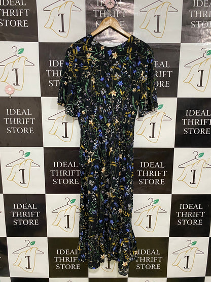 PAPAYA |L| BUST 20| A33| BLACK & MULTICOLOR FLORAL V-NECK SHORT-SLEEVE MIDI DRESS