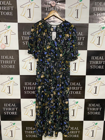PAPAYA |L| BUST 20| A33| BLACK & MULTICOLOR FLORAL V-NECK SHORT-SLEEVE MIDI DRESS