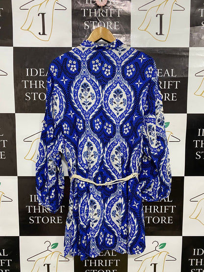 H&M |XL| BUST 21| A33| ROYAL BLUE & WHITE ORNATE DAMASK ROPE-BELTED TUNIC TOP