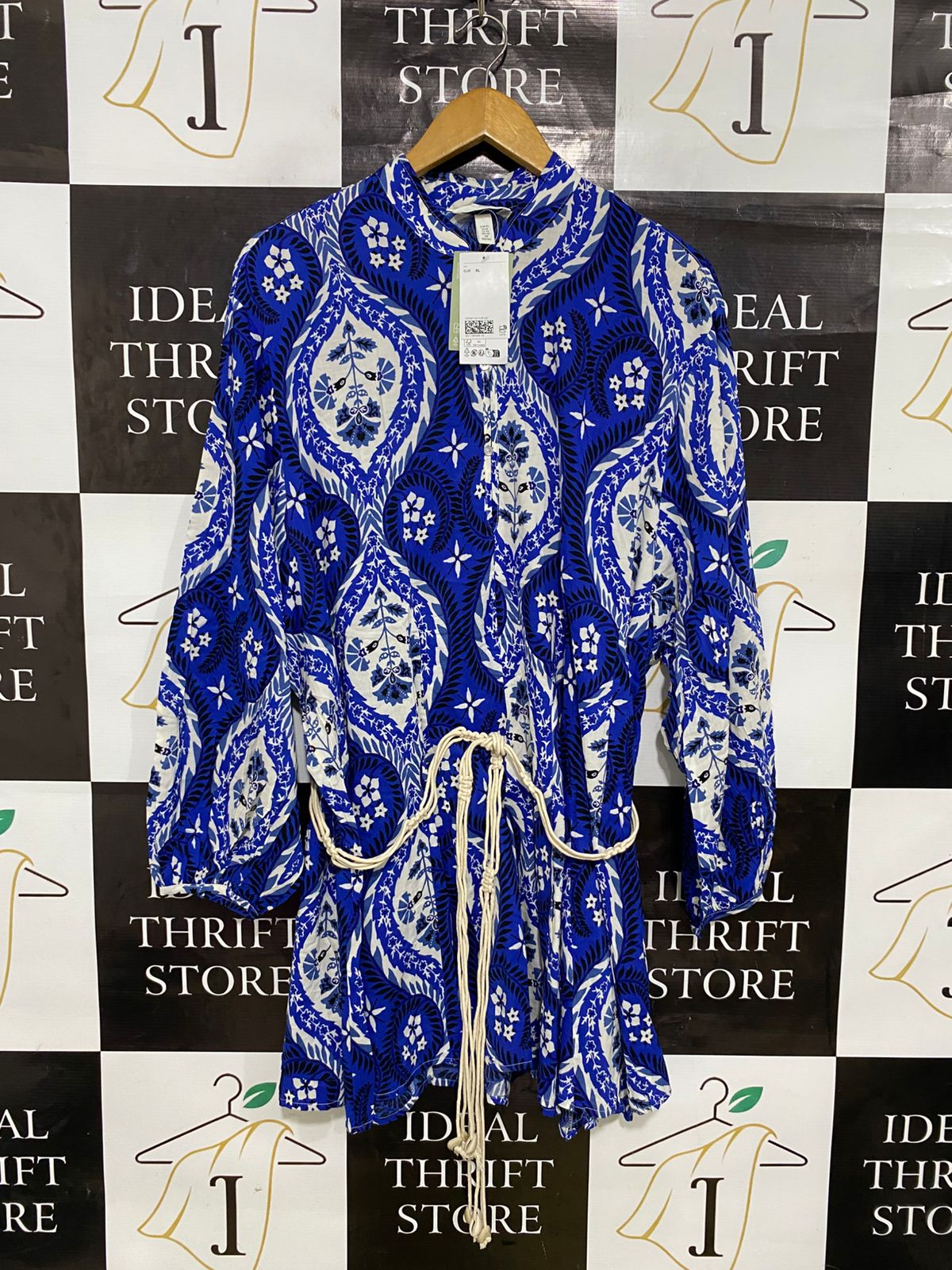 H&M |XL| BUST 21| A33| ROYAL BLUE & WHITE ORNATE DAMASK ROPE-BELTED TUNIC TOP