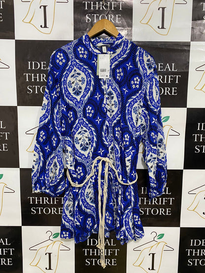 H&M |XL| BUST 21| A33| ROYAL BLUE & WHITE ORNATE DAMASK ROPE-BELTED TUNIC TOP