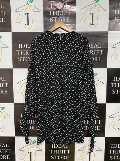 H&M |M| BUST 18| A33| BLACK & WHITE FLORAL CREW-NECK TIE-CUFF LONG-SLEEVE MINI DRESS