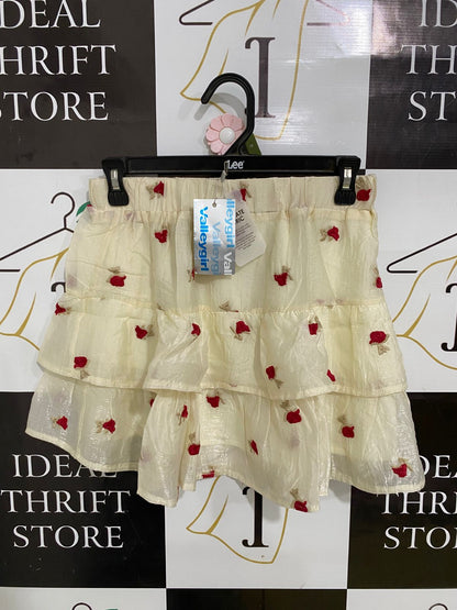 VALLEY GIRL |S| WAIST 26| A32| CREAM & RED FLORAL EMBROIDERED TIERED MINI SKIRT