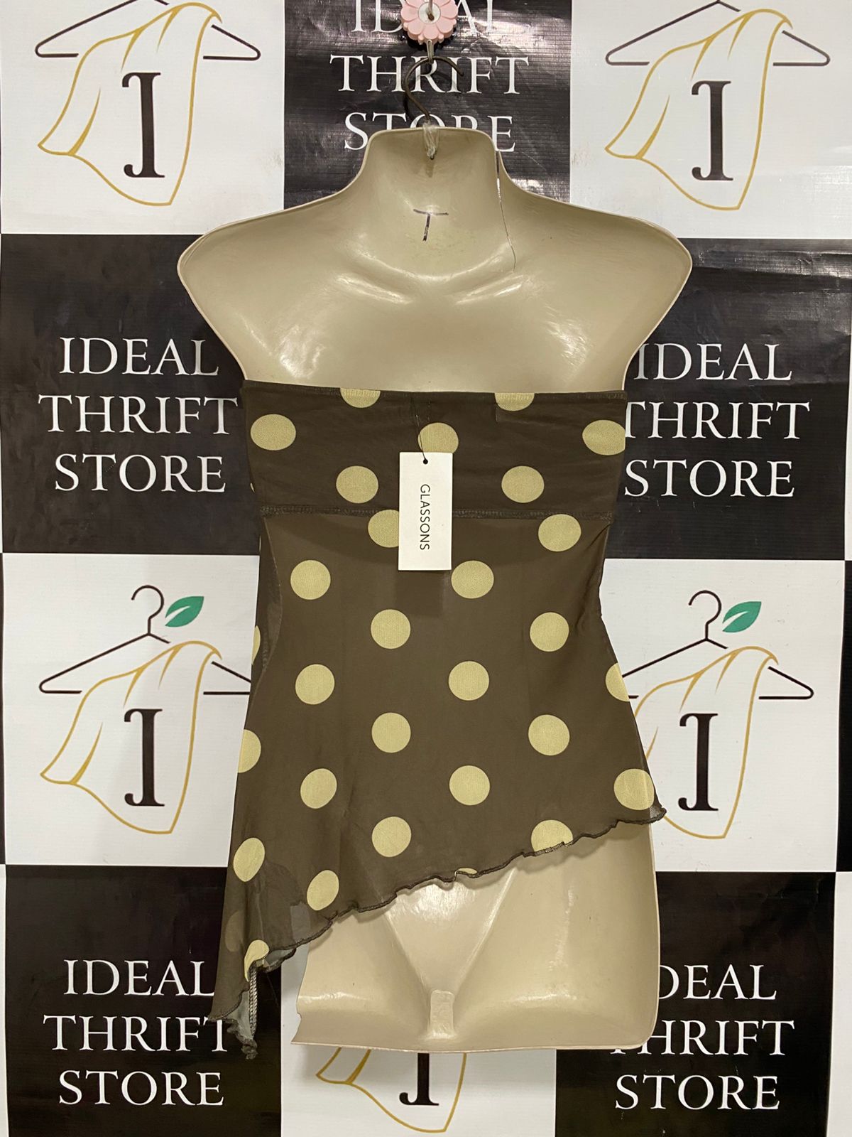 GLASSONS |S| BUST 13| A32| BROWN & YELLOW POLKA DOT STRAPLESS ASYMMETRIC TUBE TOP