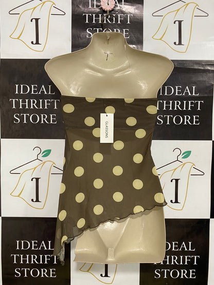 GLASSONS |S| BUST 13| A32| BROWN & YELLOW POLKA DOT STRAPLESS ASYMMETRIC TUBE TOP