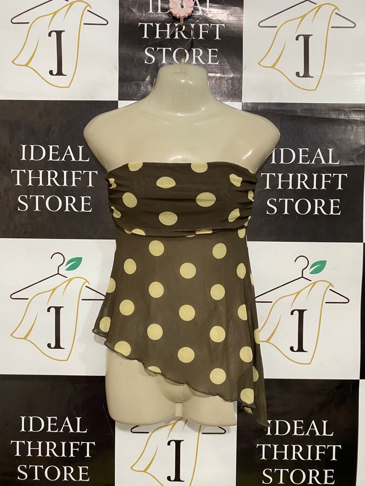GLASSONS |S| BUST 13| A32| BROWN & YELLOW POLKA DOT STRAPLESS ASYMMETRIC TUBE TOP