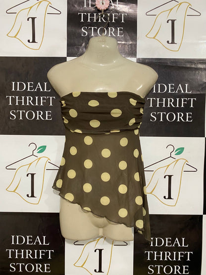GLASSONS |S| BUST 13| A32| BROWN & YELLOW POLKA DOT STRAPLESS ASYMMETRIC TUBE TOP