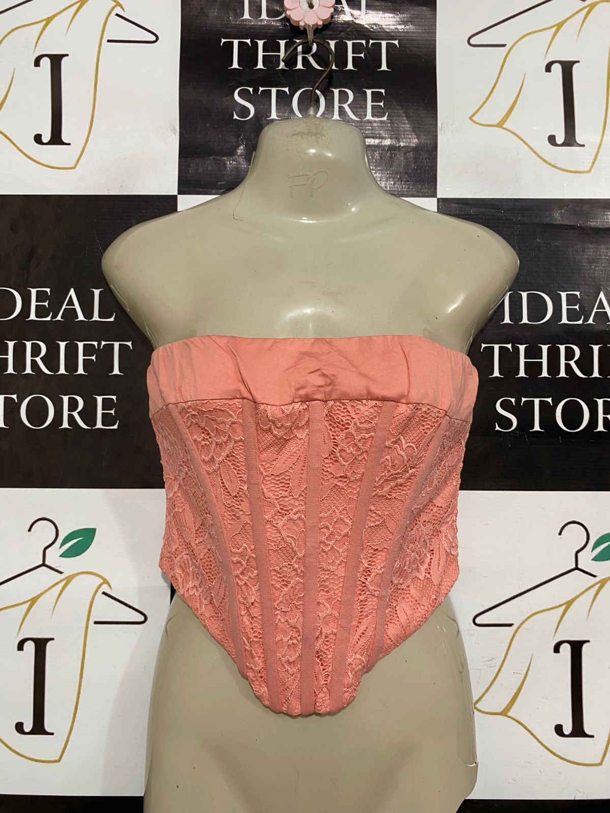 WHOIAM |S| BUST 14| A32| PEACH LACE BONED STRAPLESS CORSET TOP